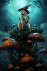 Pretty little witch sitting on a big mushroom with long blond hair generative ai - obrazy, fototapety, plakaty