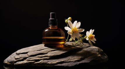 SPA essential oil on aesthetic dark background with stones and flowers. Skin care concept. Generative AI