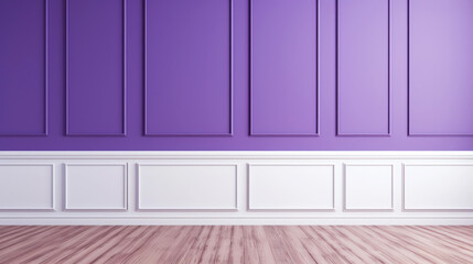 Elegant empty room with purple tall walls. Frame wall molding decorating. Wooden floor. Copy space. Generative AI