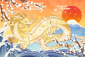 龍と海と富士と初日の出の年賀状デザイン_横6