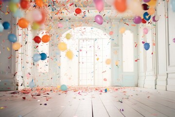 A symphony of colors as confetti gently falls, transforming a plain white space into a lively New Year's masterpiece.
