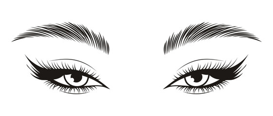 Black and white illustration of female eyes with long eyelashes and eyebrows. Beauty logo, eyelash salon logo