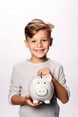 Fototapeta na wymiar Caucasian smiling kid boy with a piggy bank in his hands, white background. AI generative