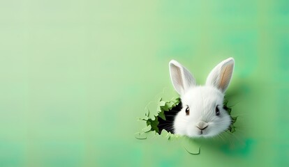 White cute bunny peaking out a green hole in a wall,  Adorable spring easter rabbit card, banner.