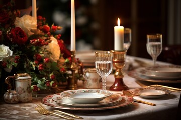 A table set with elegant Christmas dinnerware, featuring blurred candles and a centerpiece, creating a festive dining experience.