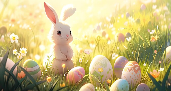 White rabbit sitting in a sunny meadow with flowers and pastel colored easter eggs. Cute cartoon, animé style Easter, spring card with adorable bunny.