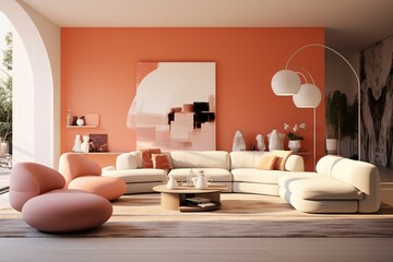 A tastefully designed modern living room featuring a curved sofa, ottoman, and armchair against a coral accent wall. The Japandi style seamlessly integrates simplicity and elegance.