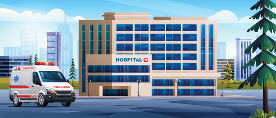 Hospital building with ambulance emergency car. Medical clinic with city background landscape illustration © YG Studio