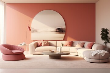 Fototapeta na wymiar A tastefully designed modern living room featuring a curved sofa, ottoman, and armchair against a coral accent wall. The Japandi style seamlessly integrates simplicity and elegance.