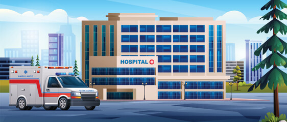 Public hospital building with ambulance car. Medical concept design background landscape illustration - obrazy, fototapety, plakaty