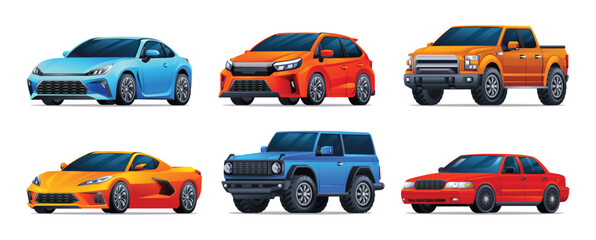 Set of cars in different types. Sedan, hatchback, sports car, pickup, 4x4. Vector illustration