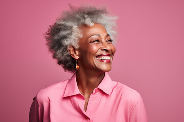 Fototapeta na wymiar Happy Black Senior Woman in a Stylish Peach Fuzz Suit. Dapper Senior Style