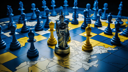 Oriental figure on a political chess board - obrazy, fototapety, plakaty