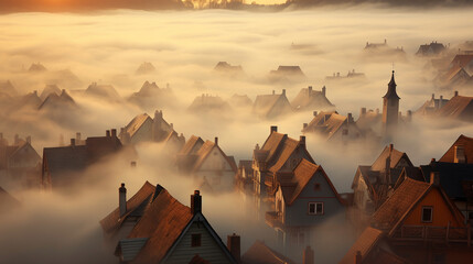 Roofs of town houses above the fog