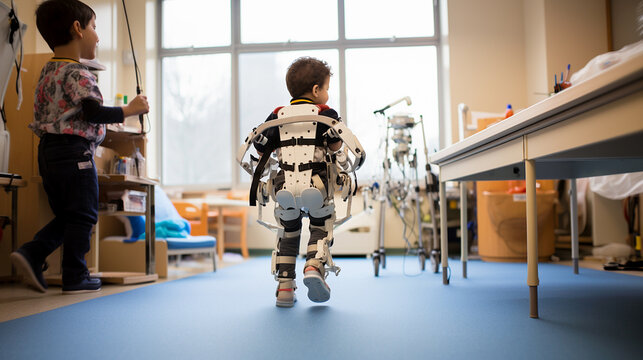 Boy wearing an exoskeleton in a rehabilitation room - Powered by Adobe