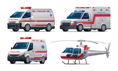 Poster Set of ambulance emergency vehicles. Official city emergency service vehicles vector illustration © YG Studio