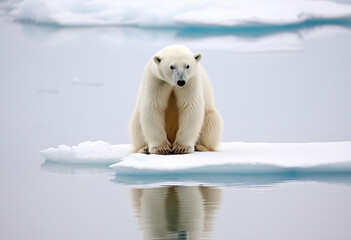 Polar bear on an ice floe in the ocean. Concept of global warming and melting glaciers