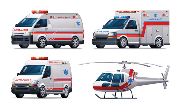 Set of ambulance emergency vehicles. Official city emergency service vehicles vector illustration