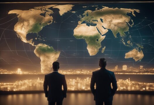 Back view of two men looking at digital map of Africa.