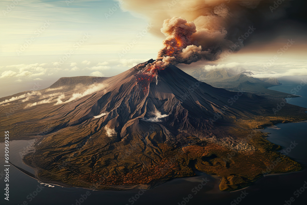 Wall mural Aerial view of a volcano eruption