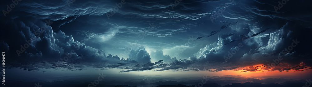 Wall mural a sunset over a sea with beautiful dark and mysterious clouds in a banner background