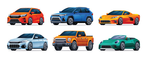 Set of cars in different types. Hatchback, suv, sedan, pickup, convertible. Vector illustration