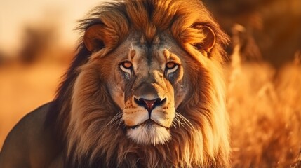Naklejka premium Beautiful lion male portrait in amazing evening light. Wild animal in the nature habitat. African wildlife. This is Africa. Lions leader. Panthera leo.