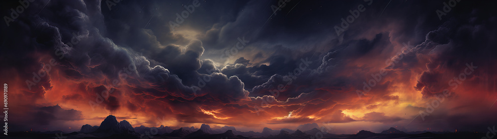 Wall mural a sunset over a sea with beautiful dark and mysterious clouds in a banner background