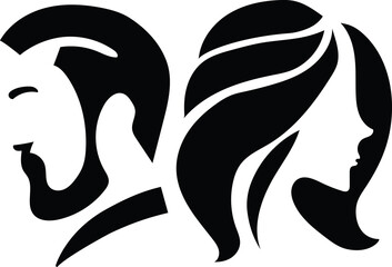 Beauty saloon. Men's hairstyle, haircut. Women's hairstyle, haircut, styling. Black silhouette on a transparent background. Logo. Vector.