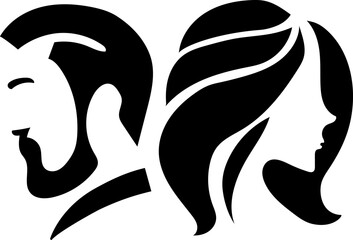 Beauty saloon. Men's hairstyle, haircut. Women's hairstyle, haircut, styling. Black silhouette on a transparent background. Logo. Vector.