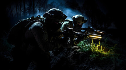 Fototapeta na wymiar Night vision image of a special forces team on a covert operation.