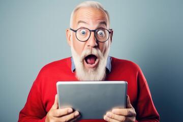 Surprised elderly man holding a tablet. Concept captures astonishment and technology - obrazy, fototapety, plakaty