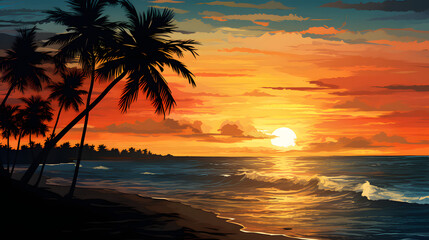 Fototapeta na wymiar Ocean sunset with silhouettes of palm trees on the beach.