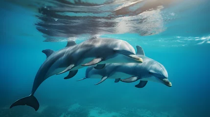 Foto auf Leinwand Pod of dolphins swimming gracefully near the ocean surface. © Martin