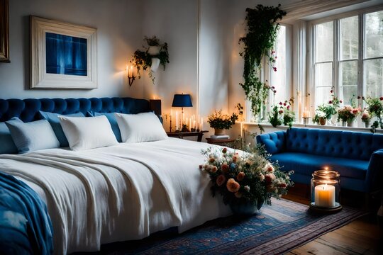 Cozy light white Bedroom with flowers and candles. pillows, duvet on a bed. Blue bed linen on a blue sofa. Bedroom with bed and bedding. Blurred view of light bedroom with big window