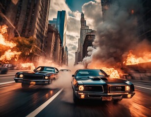 Epic car chase with explosions - obrazy, fototapety, plakaty