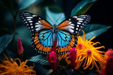 Fototapeta na wymiar Photo of a close-up shot of a colorful, exotic butterfly on a flower. Generative AI