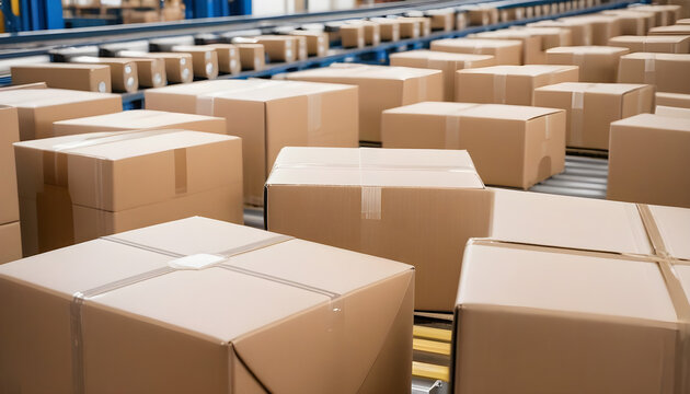 closeup of boxes Cardboard boxes on conveyor rollers inside a warehouse ready to be shipped by courier for distribution. e-commerce for delivering products created with generative ai 