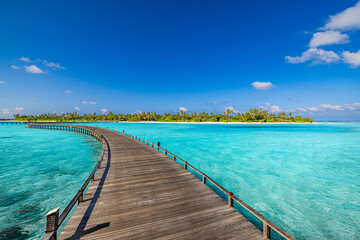 Best travel landscape. Exotic island sea bay wooden pier over pristine lagoon leads into beautiful...