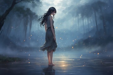 woman walking in the water in the evening, in the style of anime art