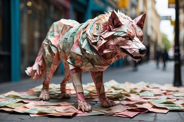 paper origami a wolf in strips, in the style of giant money sculptures