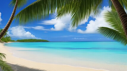 Fototapeta na wymiar Serene Tropical Beach with Palm Trees and Clear Blue Water