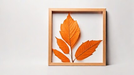 Three Vibrant Orange Leaves Arranged in a Light-Colored Wooden Frame on a Plain White Background