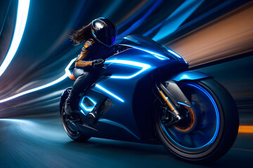 A futuristic, dynamic photograph of a girl on an electric motorcycle racing at high speed through an underground tunnel.