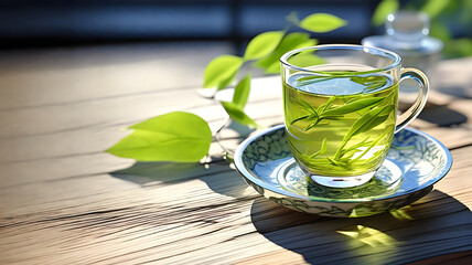 Close-up of hot green tea in a clear glass cup resting atop a wooden table on a bright summer morning, with tea leaves scattered behind it.