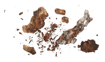 Wood pieces and dust, crushed   conifers tree bark isolated on white background, organic texture,...