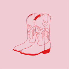 Cowboy boots with ornament. Wild west, western fashion style. Outline vector illustration on pink background. Design for baner, postcard, poster or sticker. All elements are isolated