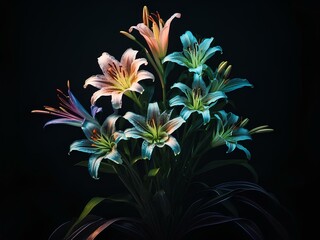 glowing lilies, glowing lines, black background, for design, isolated