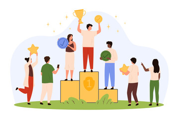 Podium for winners with achievement awards vector illustration. Cartoon winning tiny man on top of pedestal celebrating victory with cup and gold quality tick, recognition prizes and stars from people