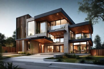 Fototapeta premium Modern Luxury Home with Wood and Glass Accents at Night